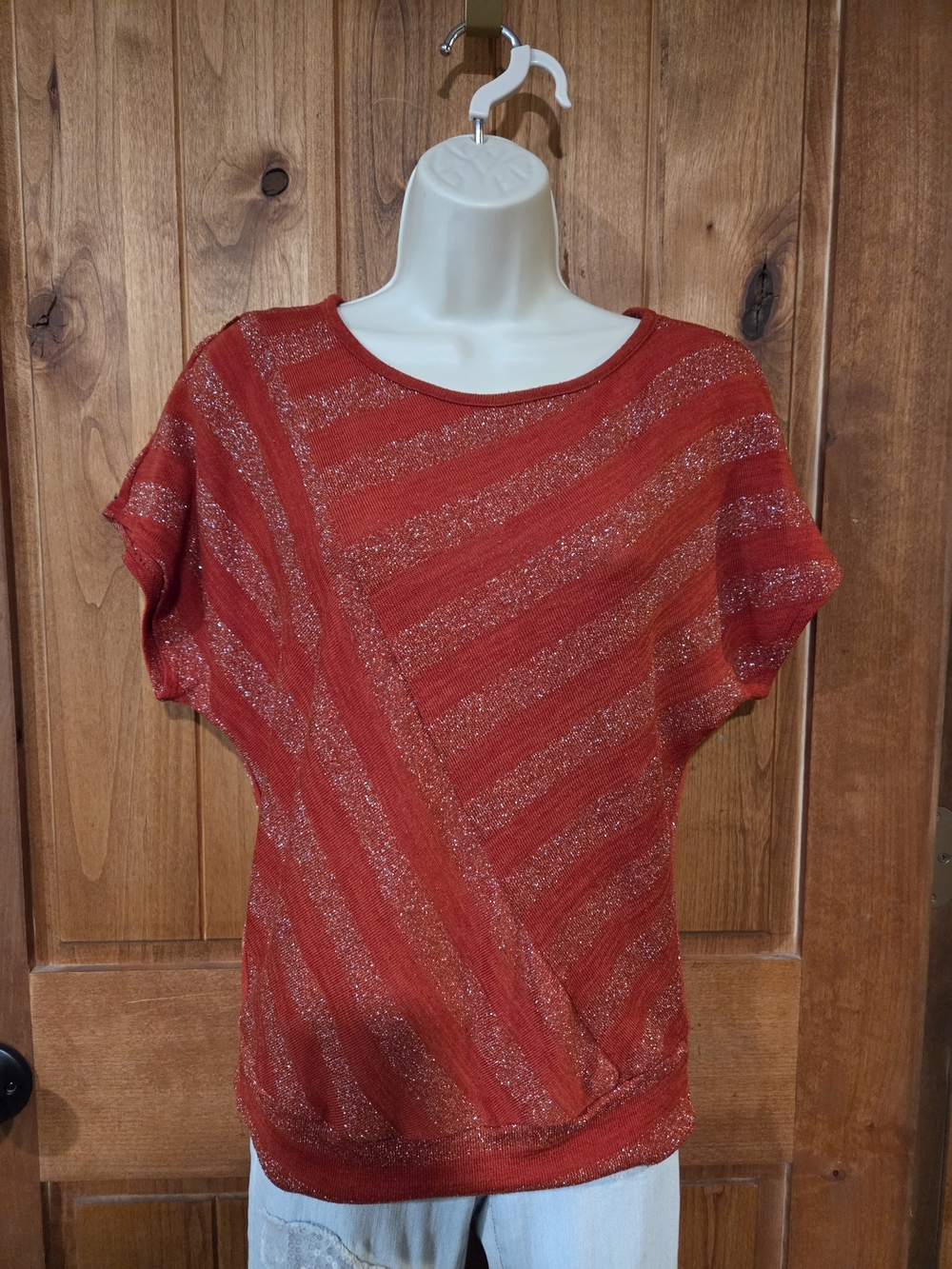 Iz Byer Rust Metallic Stripe Short Sleeve Knit Top